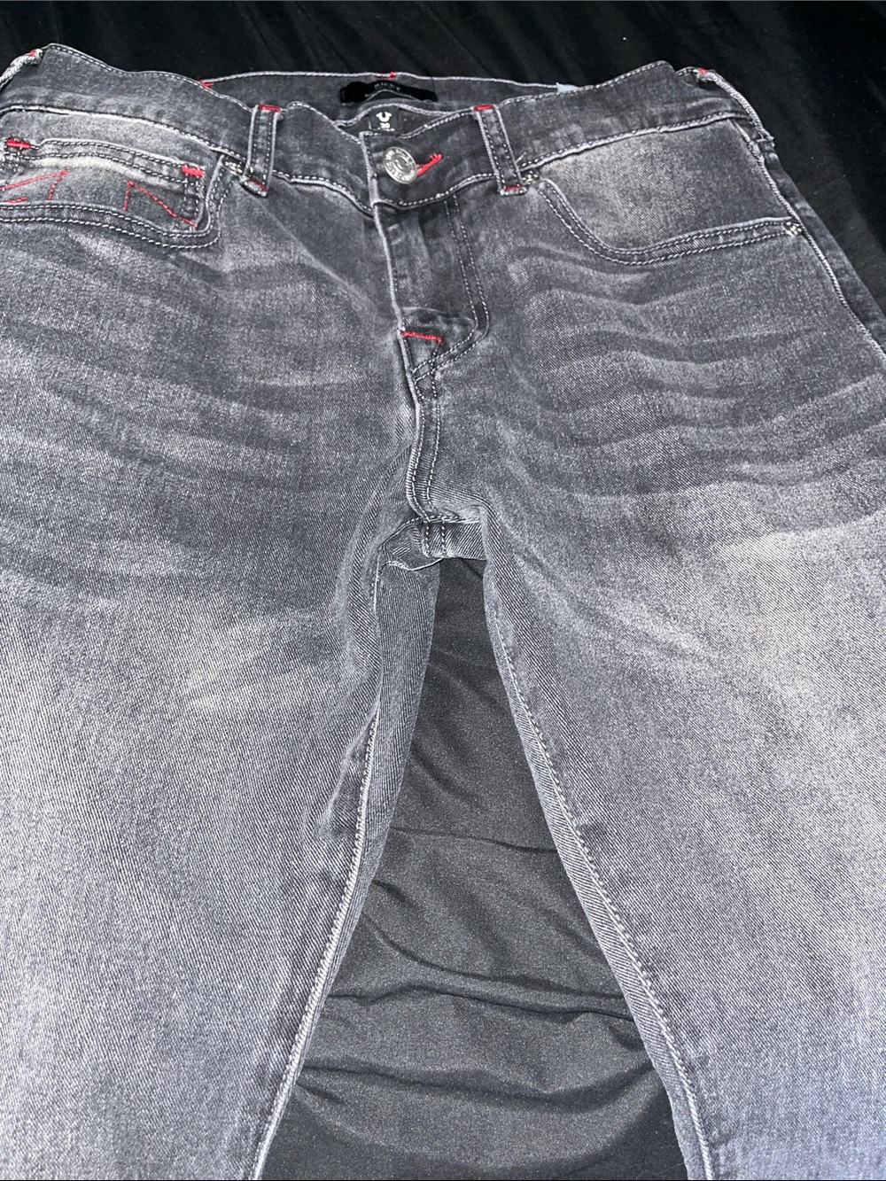 True Religion Men's Gray Washed Relaxed Jeans with Red Stitching